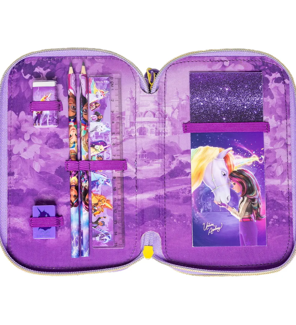 Unicorn Academy Penalhus m. Indhold - Dobbelt - Lilla/Glitter